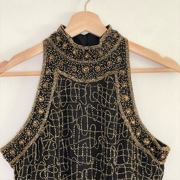 Vintage Papell Boutique Evening Beaded Silk Art Deco High Neck Top Black Gold MP - Picture 5 of 14